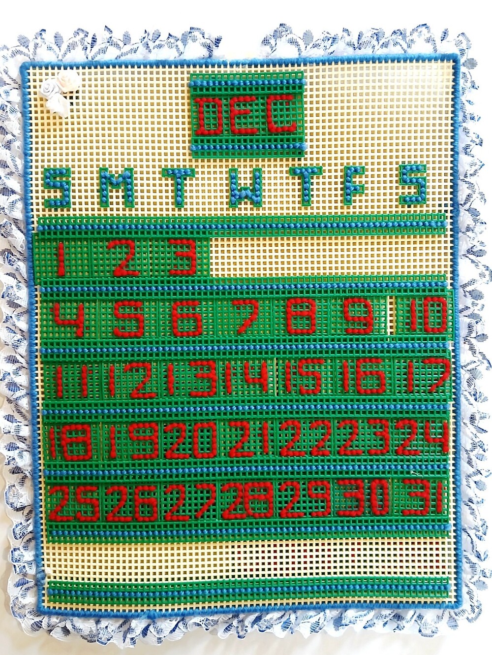 Vintafe Green and Red Handmade Plastic Canvas Calendar